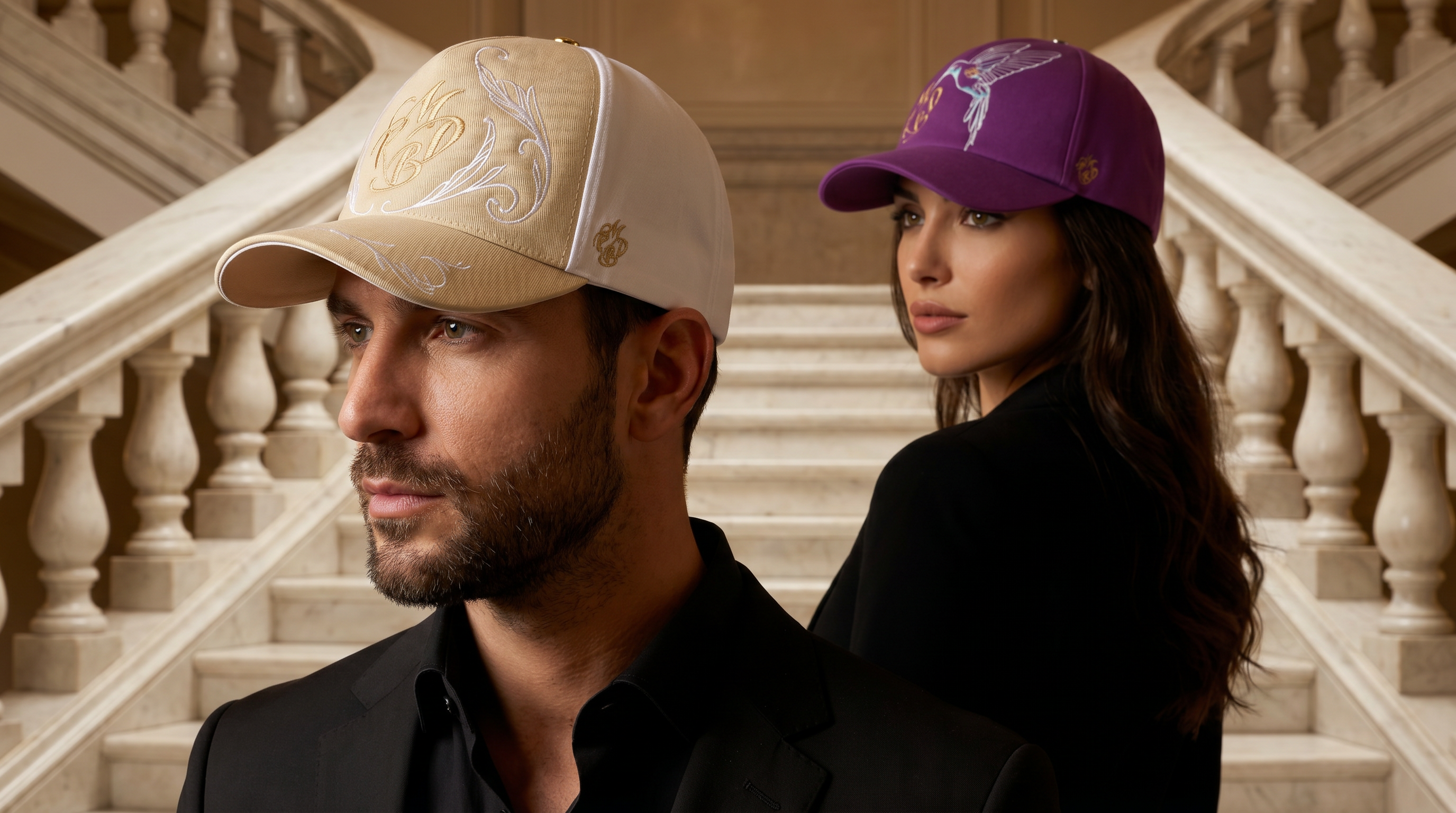Casquette de luxe maison française Mark De Belleroy, casquette de luxe portée par un homme en premier plan et une femme en casquette baseball de luxe brodée violette.