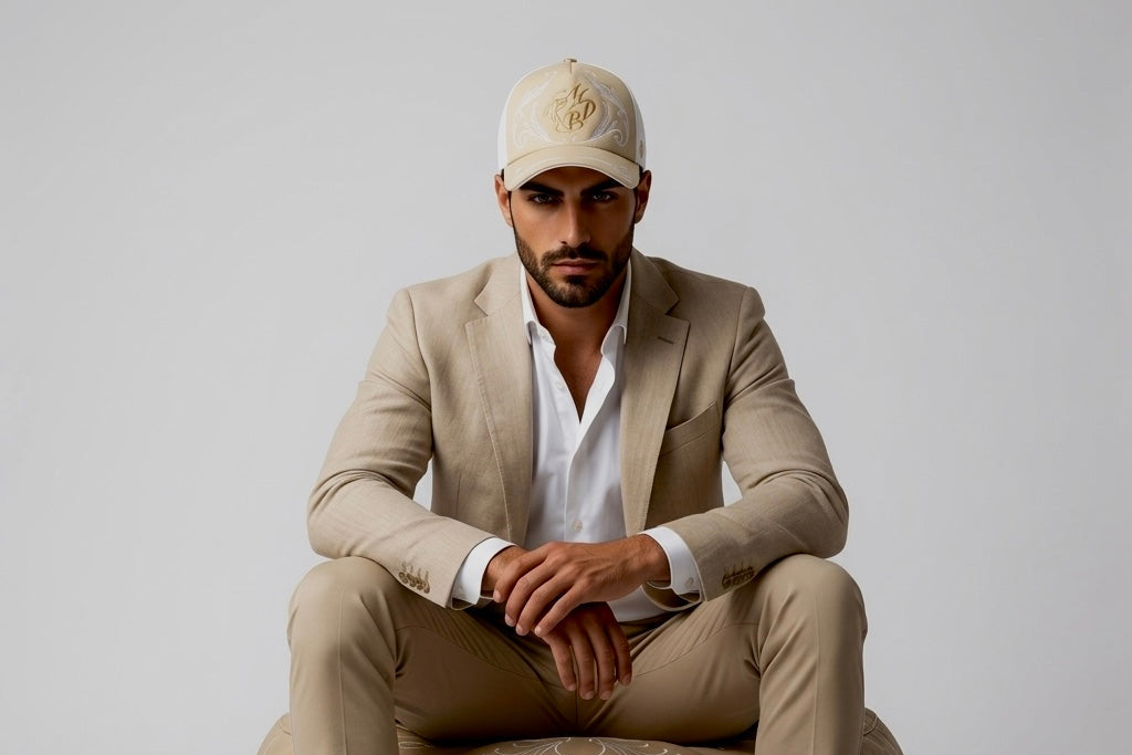 Casquette de luxe - casquette mark de Belleroy - casquette beige et blanche - casquette baseball 5 pans - casquette brodée - casquette de luxe homme - casquette baseball - casquette designer