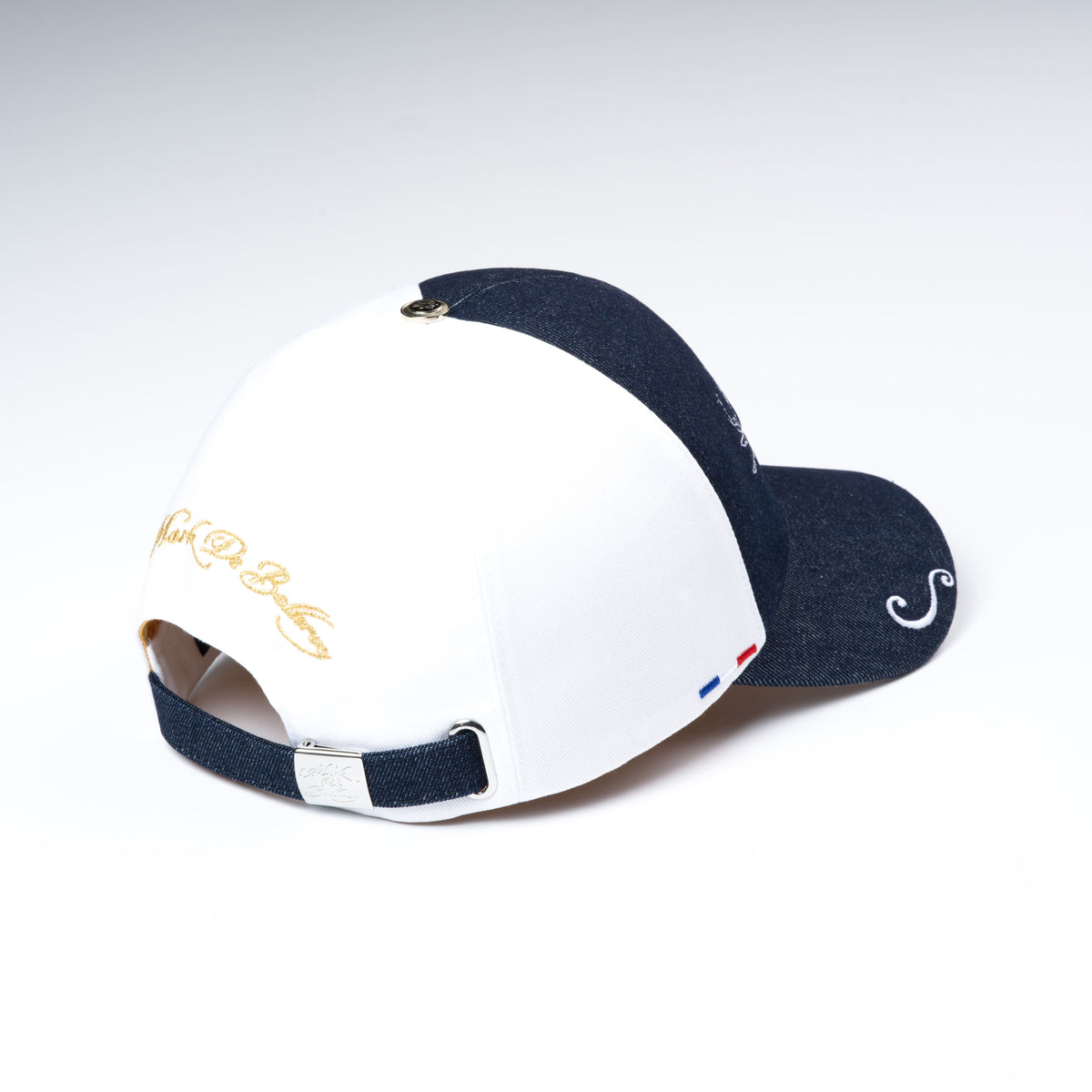 casquette de luxe et haut de gamme jean et blanc L'Intemporelle Jean vue arrière made in France