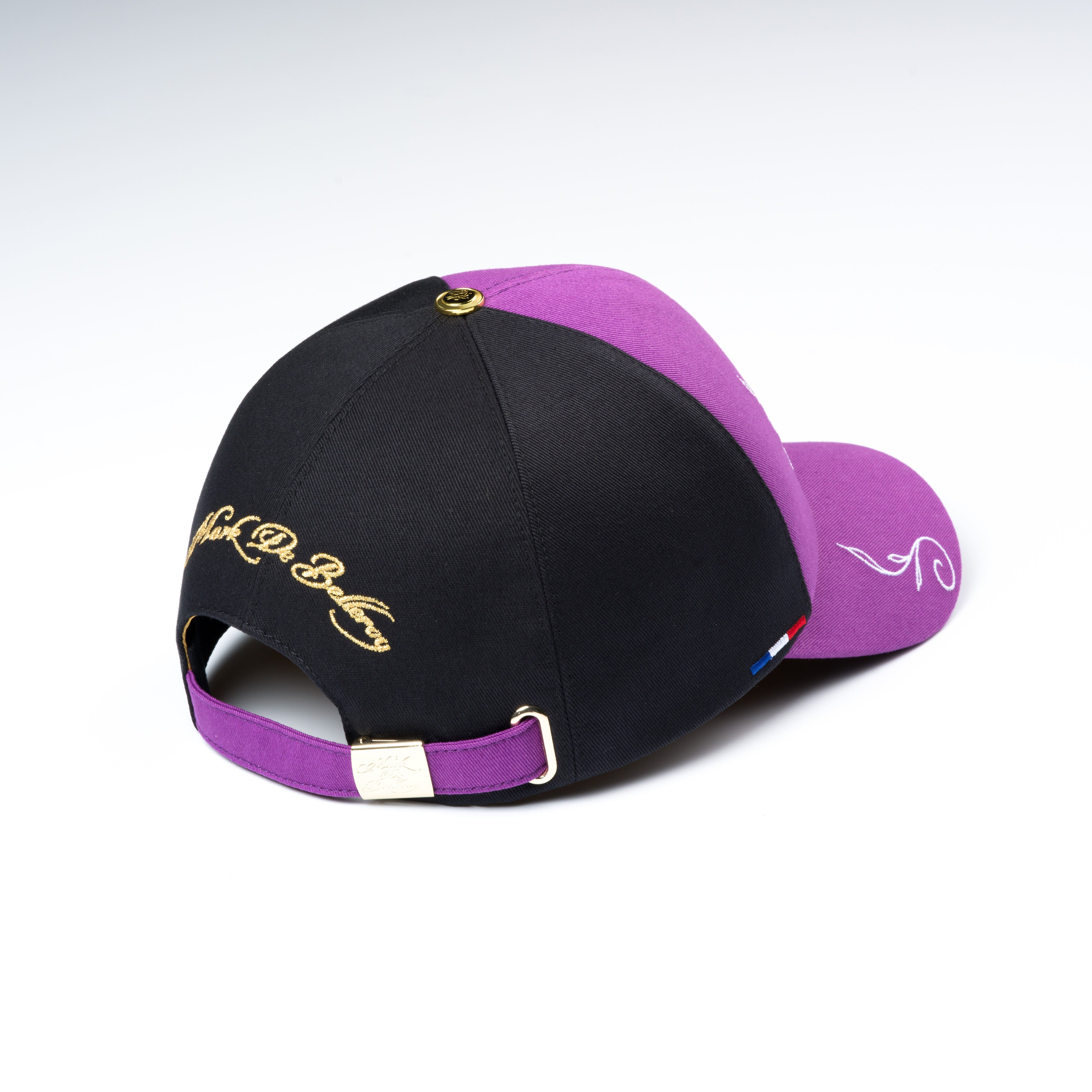 casquette de luxe violette et noire intérieur satin doré vue arrière made in France mark de belleroy