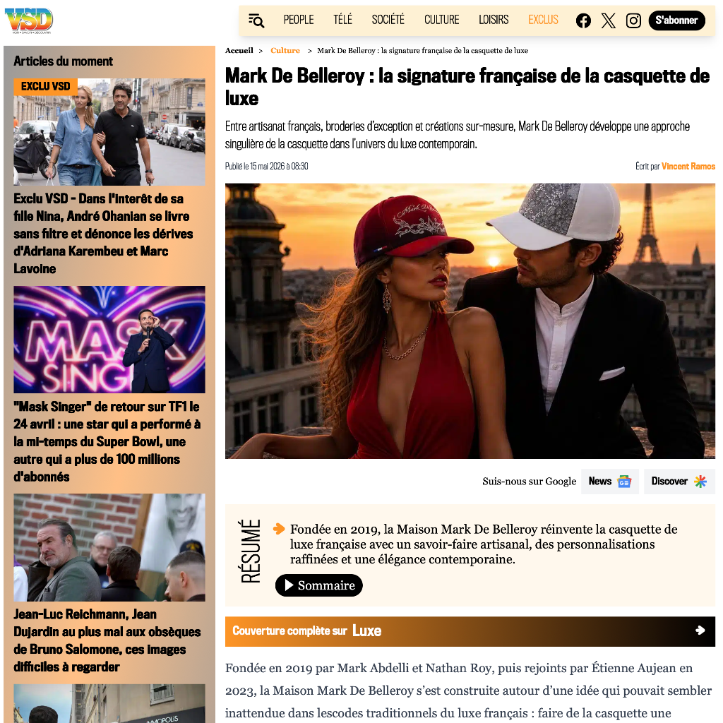 Article de presse sur VSD.FR sur la maison de casquette de luxe Mark De Belleroy