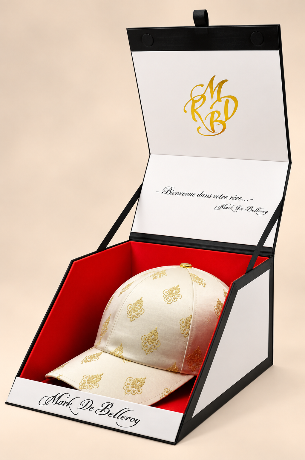 casquette de luxe jacquard ivoire Mark De Belleroy écrin signature made in France