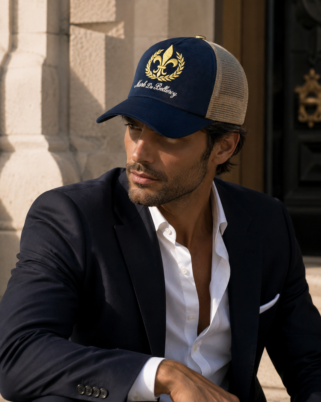 Luxury men’s navy-blue trucker cap with golden fleur-de-lis Mark De Belleroy