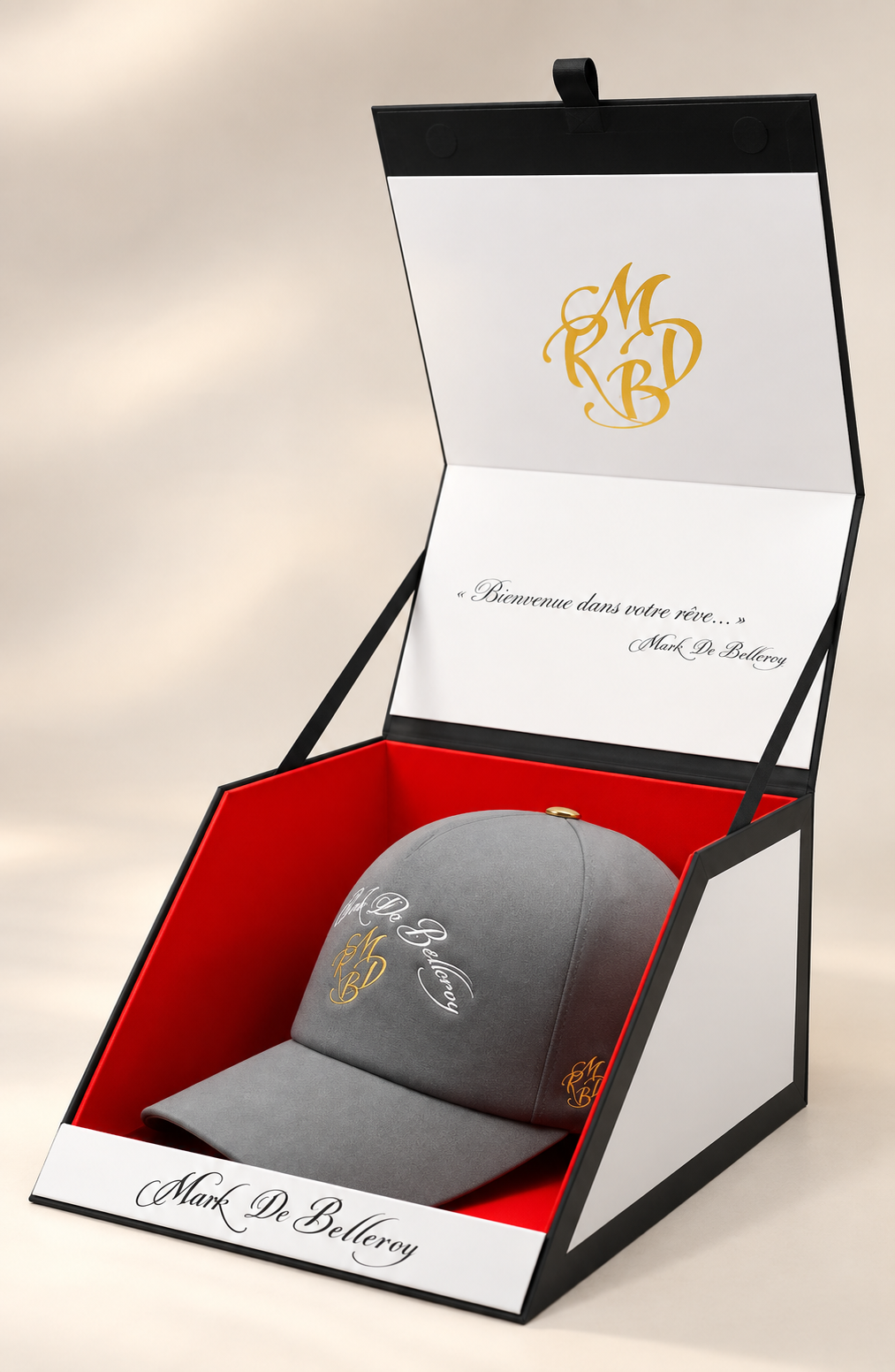 casquette baseball de luxe grise Mark De Belleroy écrin signature made in France