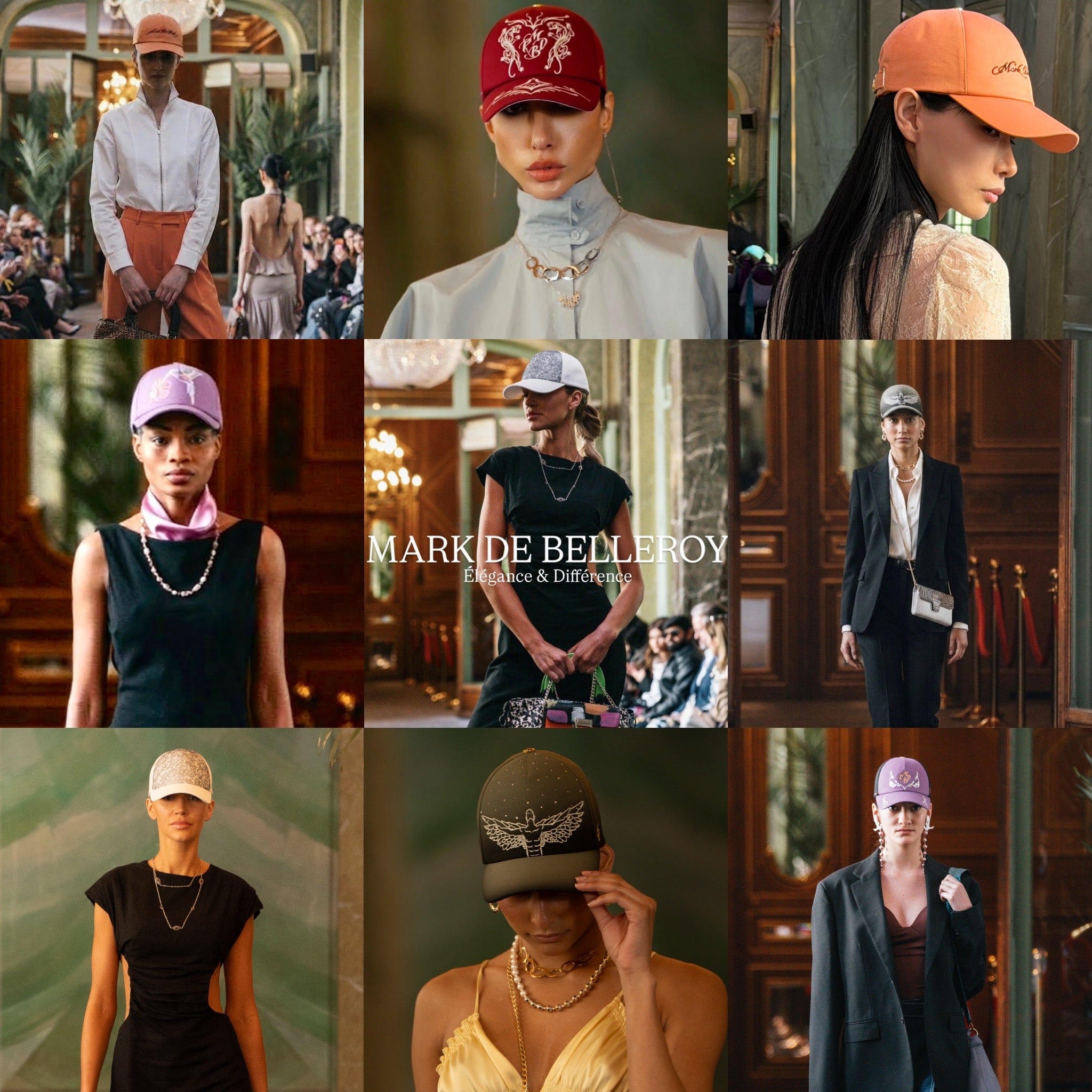 La maison de luxe française Mark De Belleroy qui présente ses casquettes lors de la paris fashion week en 2026, casquette de luxe portées par des modèles internationales, en présence de la presse internationale. des casquettes baseball ou des casquettes trucker ont été présentées . 