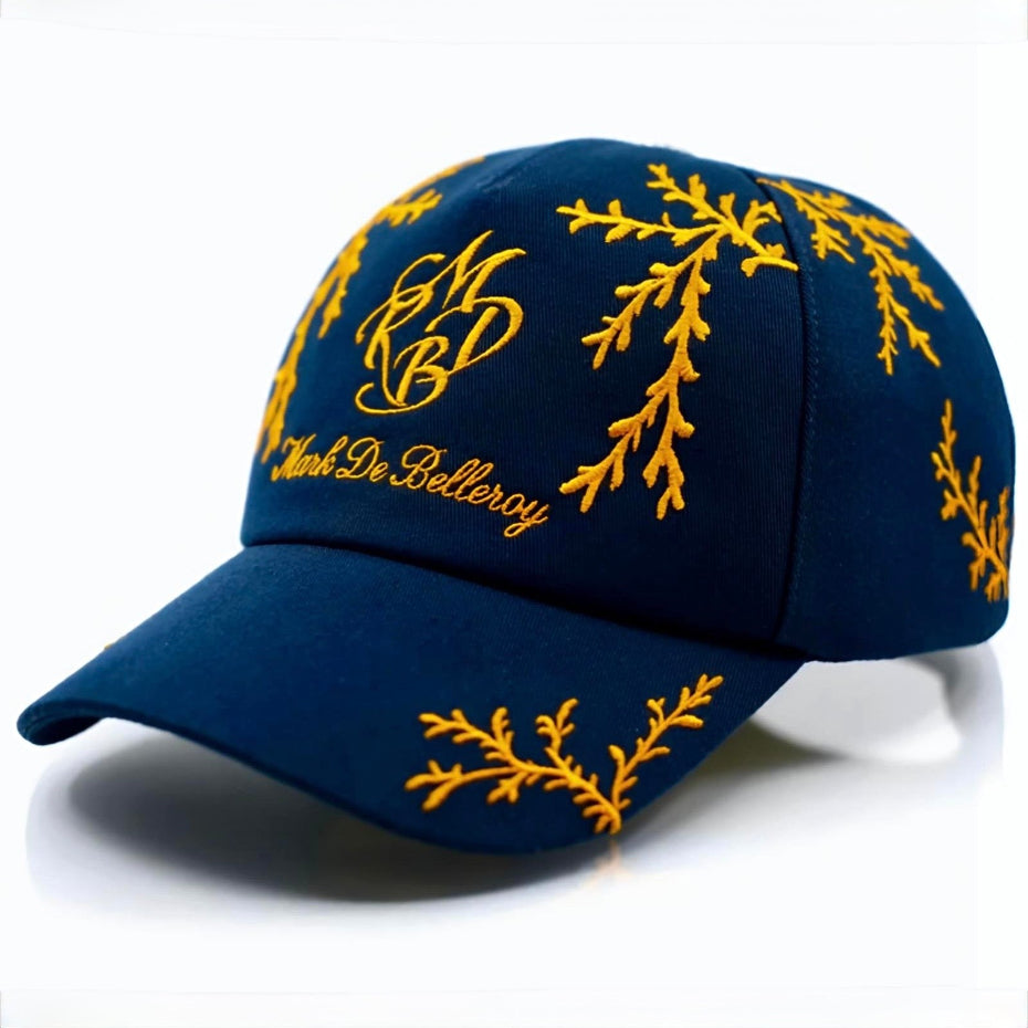 Casquette baseball luxe bleu marine branchage orange profil droit artisanale française Mark De Belleroy