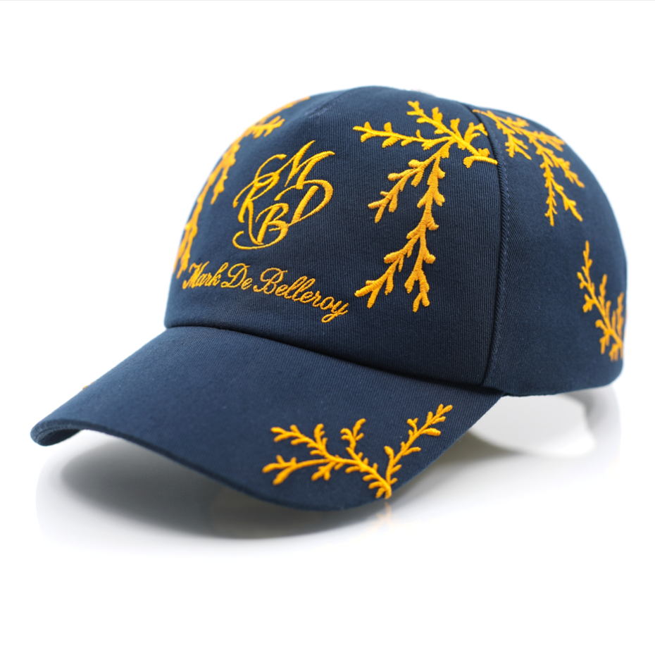 casquette baseball luxe bleu marine branchage orange profil droit artisanale française Mark De Belleroy