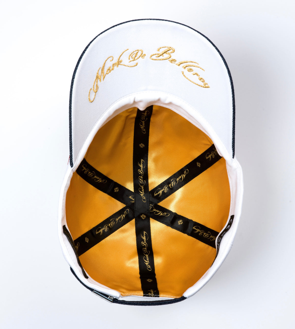intérieur satin doré casquette prestige jean denim artisanale française Mark De Belleroy