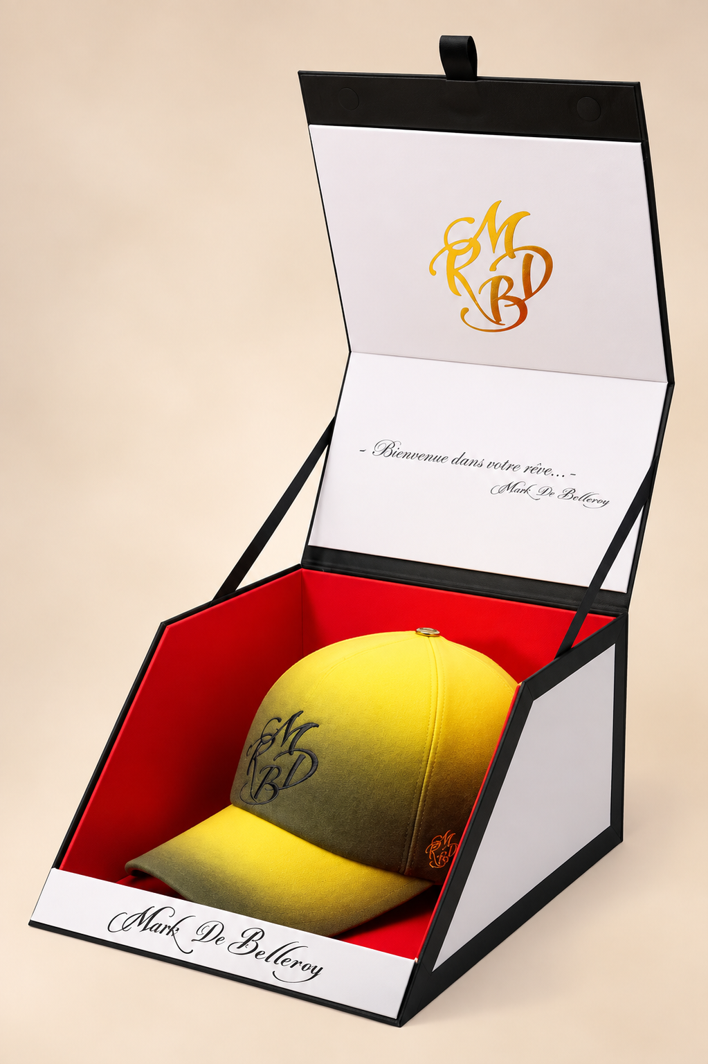 casquette baseball de luxe jaune et noire dégradé Mark De Belleroy dans son écrin signature made in France