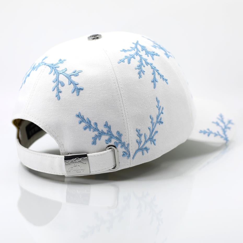casquette baseball prestige blanche branchage bleu ciel arrière profil droit intérieur satin doré made in France