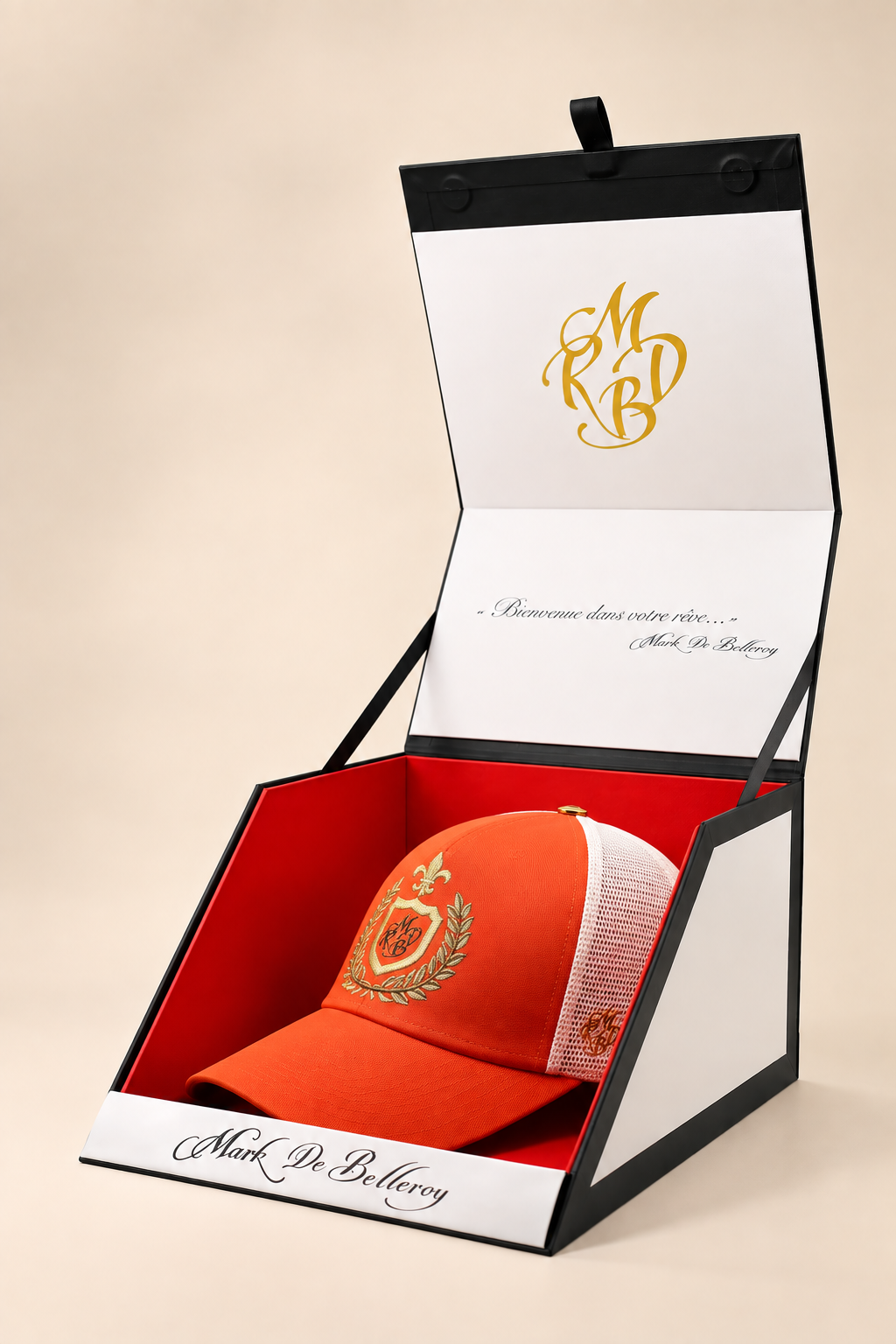 casquette trucker de luxe orange Mark De Belleroy écrin signature made in France
