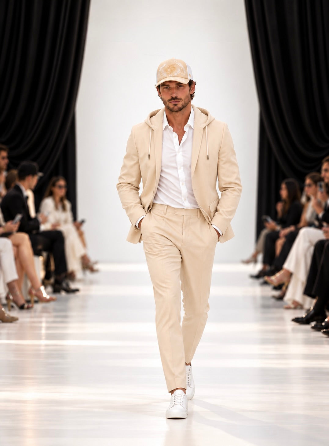 homme en Défilé Paris fashion week pour la maison de casquette de luxe et casquette haut de gamme Mark De Belleroy