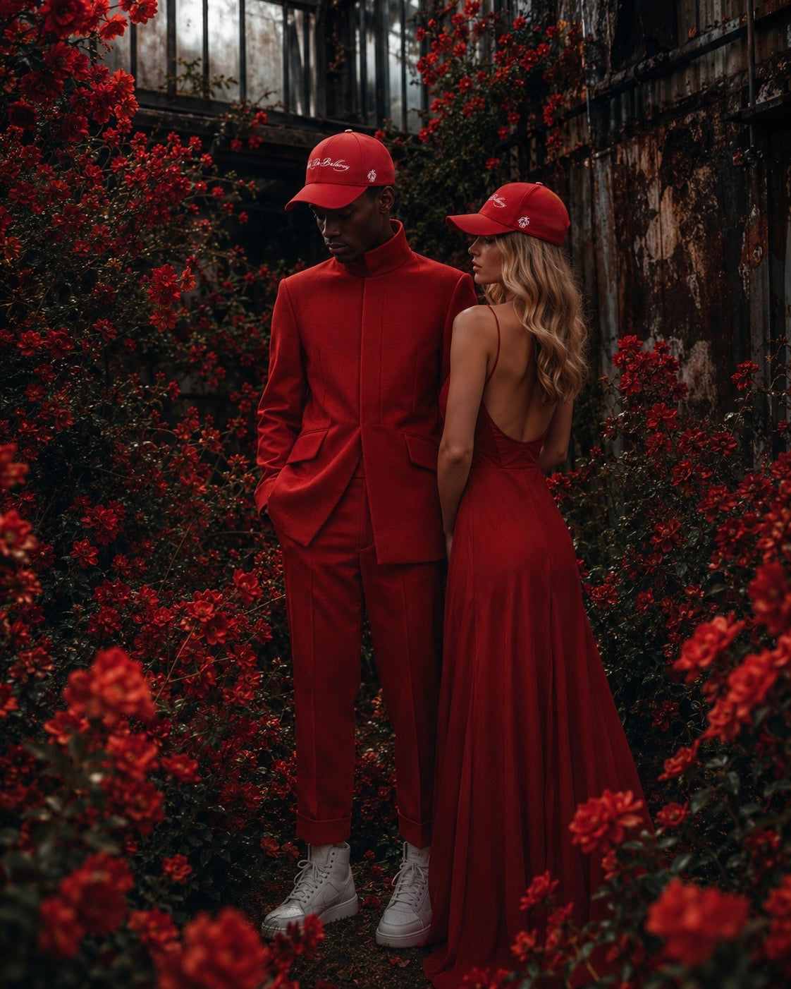 Casquette de luxe Mark De Belleroy, un homme et une femme porte une casquette rouge intense. Casquette baseball de luxe, casquette fabriquée en France, French designer. casquette de luxe française, casquette baseball 6 pans, casquette brodée, casquette intérieur satin. 