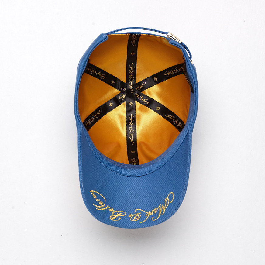 casquette baseball de luxe bleue ornements vue intérieure intérieur satin doré made in France