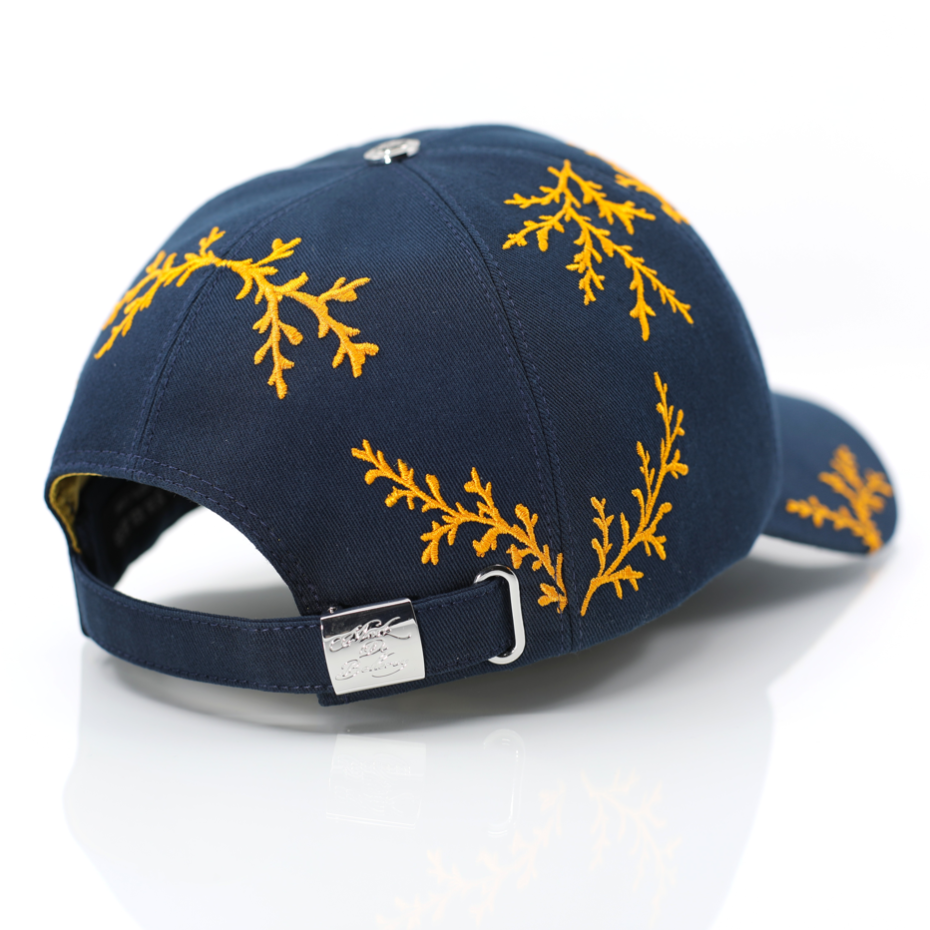 casquette haut de gamme bleu marine branchage orange arrière profil droit intérieur satin made in France