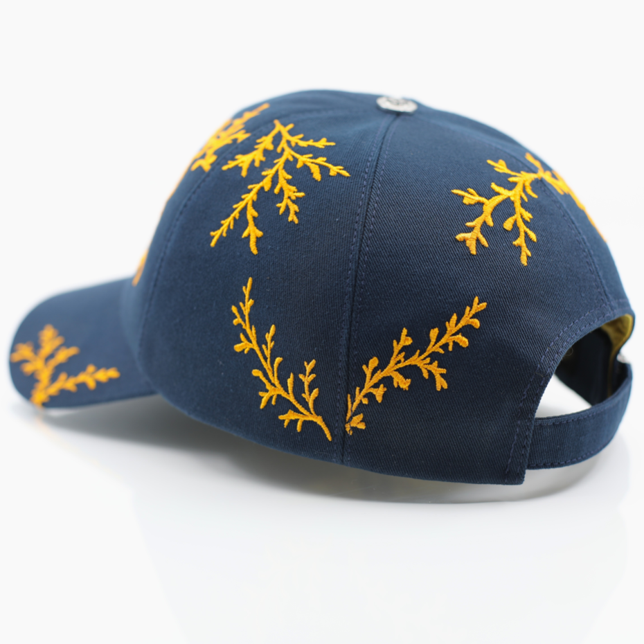 casquette baseball prestige bleu marine branchage orange arrière profil gauche made in France Mark De Belleroy