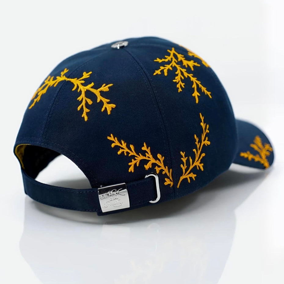 Casquette haut de gamme bleu marine branchage orange arrière profil droit intérieur satin made in France