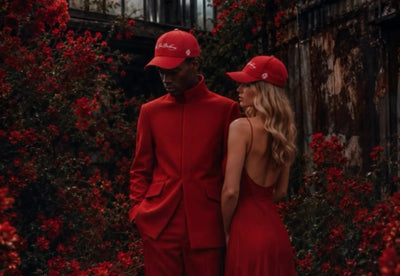 Un homme et une femme porte une casquette rouge intense, casquette de luxe française élégante, les deux sont habillés en rouge intense dans un décor usine et fleurs rouges. 
